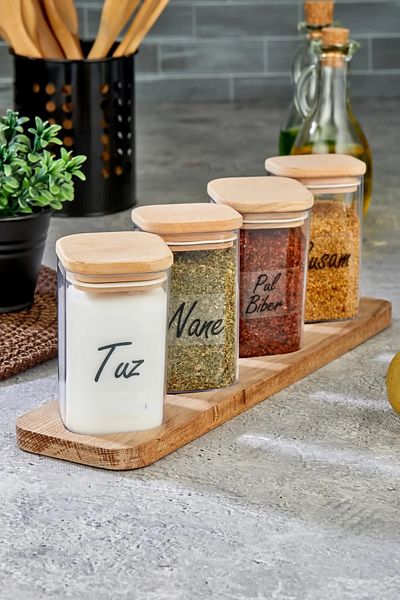 FBZhome 4-Piece Wooden Cross Stand - Acrylic Spice Rack 250 Ml Vacuum Storage Set