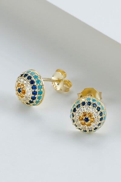 Şimal Silver 925 Ayar Gold Zirkon Taşlı Çivili Nazarlı Göz Küpe
