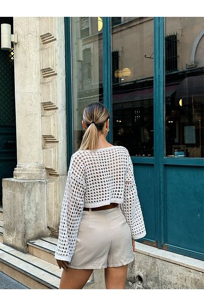 MY DEPO Women's Spanish Sleeve Wide Collar Openwork Loose Hole Crop Knitwear Blouse