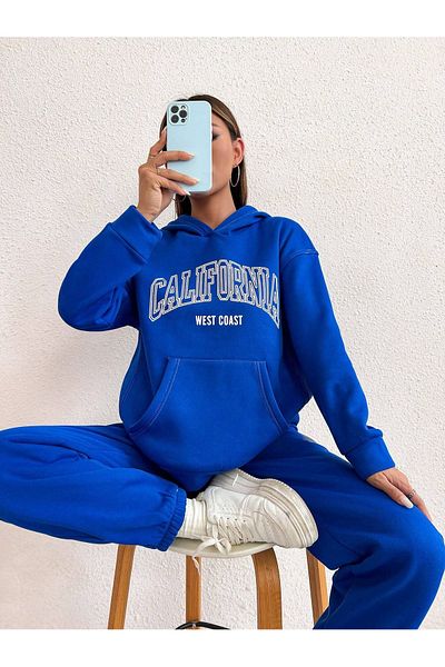 CLAYES California W.C Tracksuit Set Sweatshirt Jogger - Sax Blue Printed Oversize Ribbon Hoodie