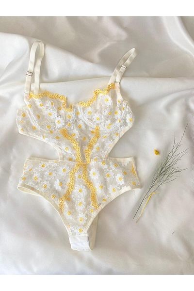 Espelette Lingerie Yellow Daisy Patterned Transparent Bodysuit