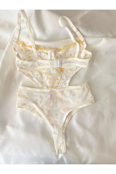 Espelette Lingerie Yellow Daisy Patterned Transparent Bodysuit