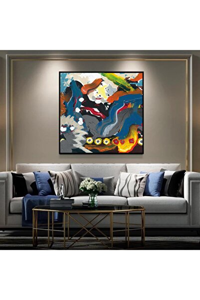 Markazip Mavili Soyut Boyama Siyah Metal Çerçeveli Kanvas Tablo 90x90cm Kod: ...