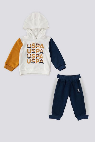 U.S. Polo Assn. طقم أطفال بغطاء للرأس بطبعة US Polo Assn Cream Uspa مكون من قطعتين