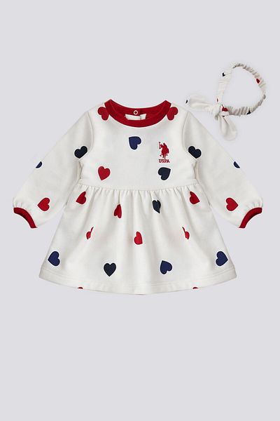 U.S. Polo Assn. U.S. Polo Assn Ecru Heart Pattern Baby Dress with Headband