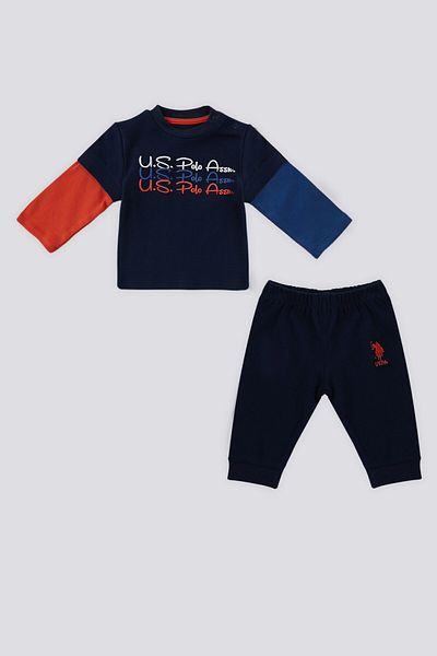 U.S. Polo Assn. طقم أطفال مكون من قطعتين بتفاصيل ذراع مزخرفة باللون الأزرق الداكن من U.S. Polo Assn