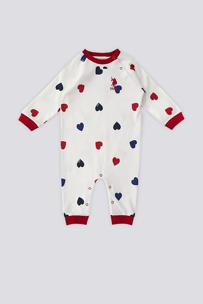 U.S. Polo Assn. U.S. Polo Assn Ecru Heart Pattern Snap Collar Baby Jumpsuit