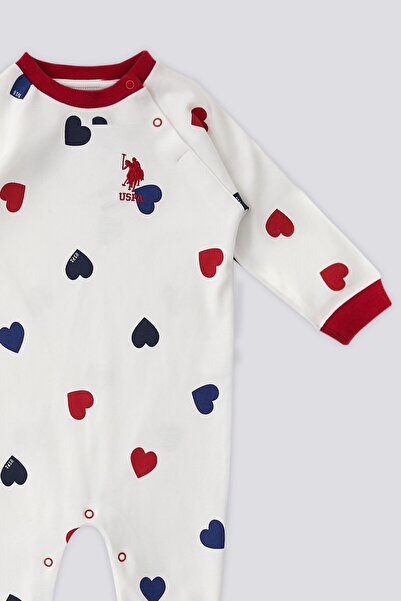 U.S. Polo Assn. U.S. Polo Assn Ecru Heart Pattern Snap Collar Baby Jumpsuit