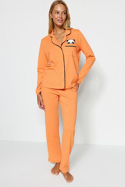 Trendyol Collection Narancssárga pamut panda nyomott ing-nadrág kötött pizsama szett THMAW21PT0245
