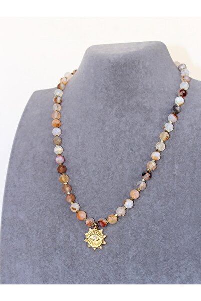 Yelda's AA+ kalite Akik ve Hematit Doğal Taşlı Altın kaplama Madalyon Kadın K...