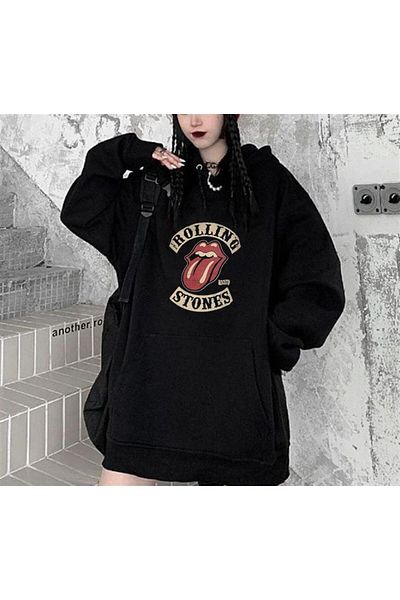 Touz Moda dompuleri fashion Rolling Stones εμπριμέ μαύρο φούτερ με κουκούλα Unisex Oversize