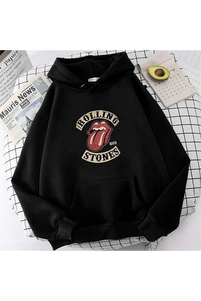Touz Moda dompuleri fashion Rolling Stones εμπριμέ μαύρο φούτερ με κουκούλα Unisex Oversize