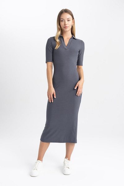 DeFacto Bodycon Polo s výstřihem, žebrovaná košilka Midi s krátkým rukávem A2096ax23sp