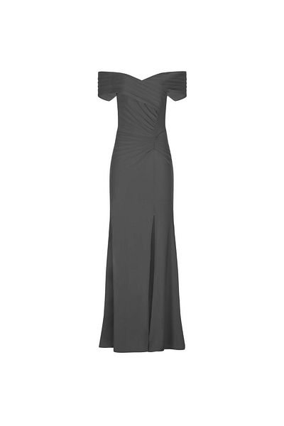 Whenever Company Black Pleated Boat Neck Draped at the Waist Side Slit Long Dress