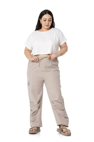 DISENTIS MODEST Large Size Parachute Stone Color Trousers with Cargo Pockets