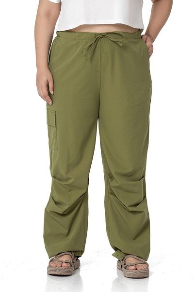DISENTIS MODEST Large Size Parachute Khaki Trousers with Cargo Pockets