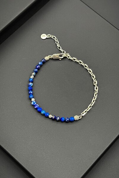 FRNCH 925 Ayar Gümüş ve Lapis Lazuli Taşlı Lacivert Erkek Bileklik FRJ11879-1...