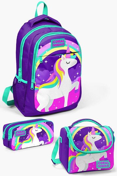 Coral High 3 Pieces Kids School Bag Set with Purple Unicorn Pattern - Set 0114376