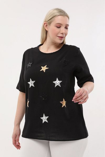 anne moda ankara sparkling star pattern, short sleeve, wide collar, fully stoned washed cotton, stylish localization