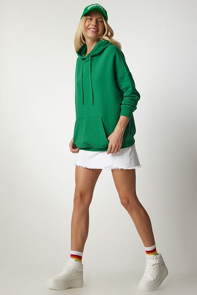 Happiness İstanbul Women's Green Hooded Ribbed Basic Sweatshirt SM00153
