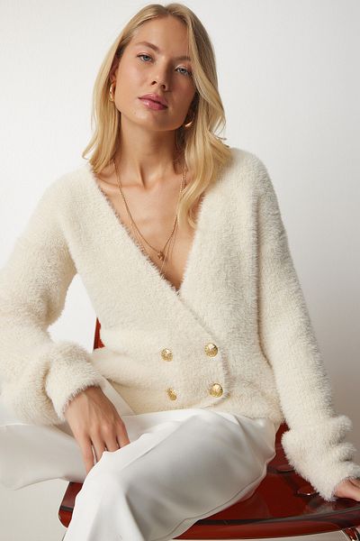 Happiness İstanbul Cremefarbene Soft Beard-Strickjacke für Damen, NF00066