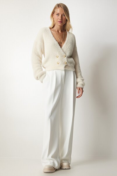 Happiness İstanbul Dámská krémová pletenina s měkkými vousy Cardigan NF00066