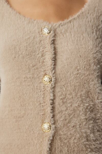 Happiness İstanbul Dámský béžový měkký vousatý pletený cardigan NF00067