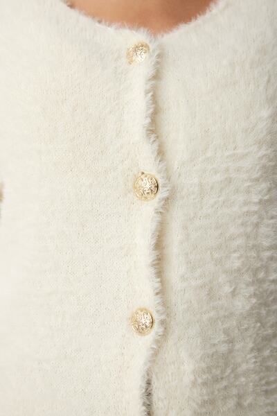 Happiness İstanbul Dámská krémová pletenina s měkkými vousy Cardigan NF00067