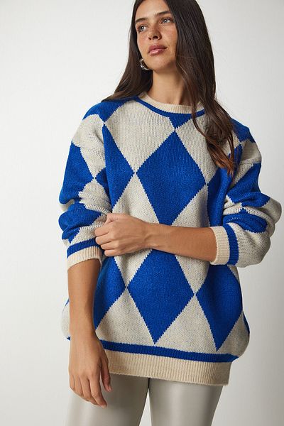 Happiness İstanbul Pulover oversize din tricot cu model Baklava albastru pentru femei YY00161