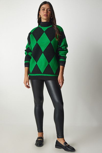 Happiness İstanbul Women's Green Diamond Patterned Oversize Knitwear Sweater YY00161