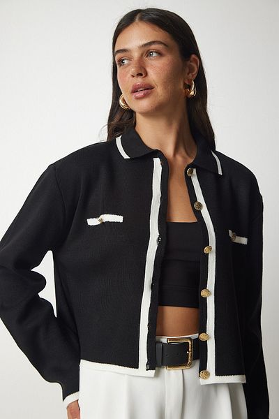 Happiness İstanbul Schwarze Strickjacke mit Streifendetail für Damen YY00160