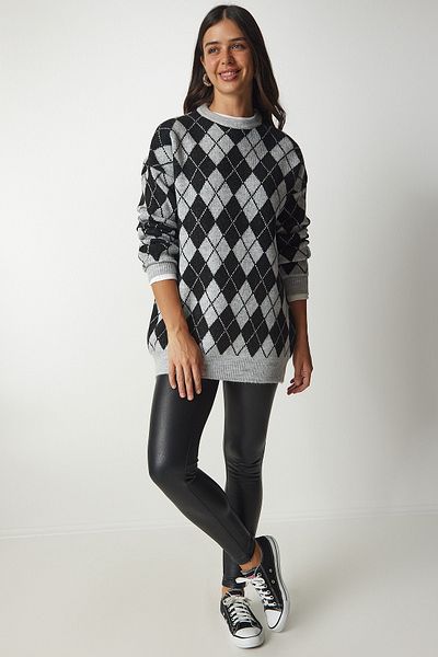 Happiness İstanbul Woman's Gray Baklava Patterned Oversize Knit Sweater YY00162