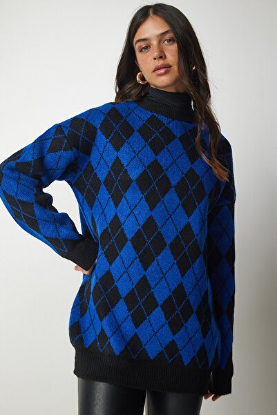 Happiness İstanbul Kadın Mavi Baklava Desenli Oversize Triko Kazak YY00162