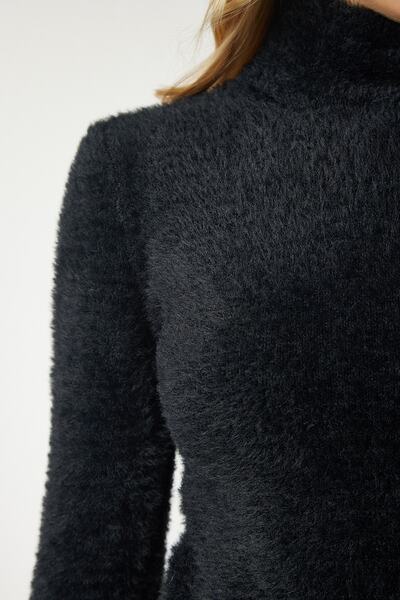 Happiness İstanbul Pulover de damă negru cu gât tricotat cu barbă NF00071