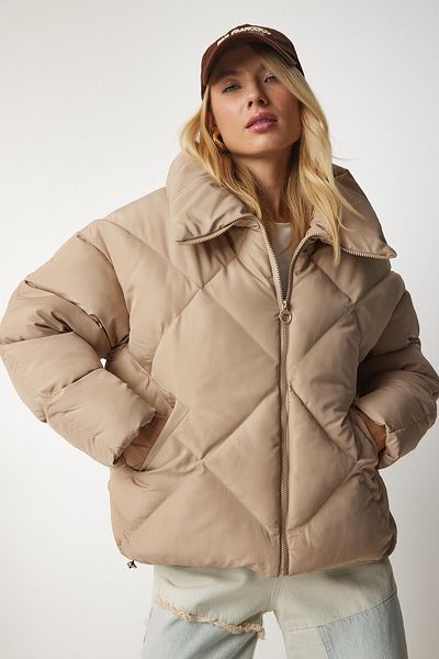 Happiness İstanbul Aufblasbarer Oversize-Rollkragenmantel für Damen in Beige HK00028