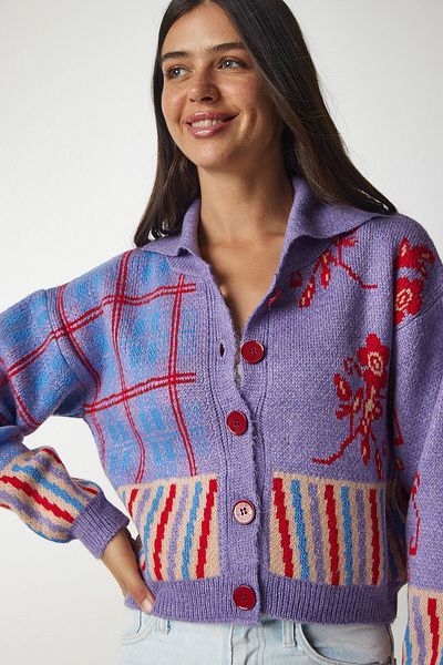 Happiness İstanbul Lilafarbene Strickjacke mit Polokragen und Muster für Damen BV00103