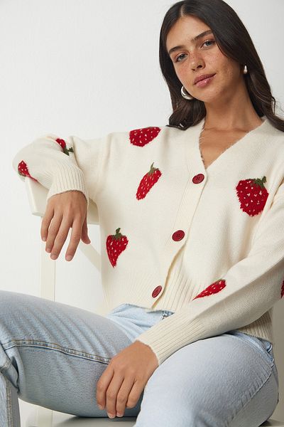 Happiness İstanbul Cremerote gemusterte Strickjacke für Damen BV00101