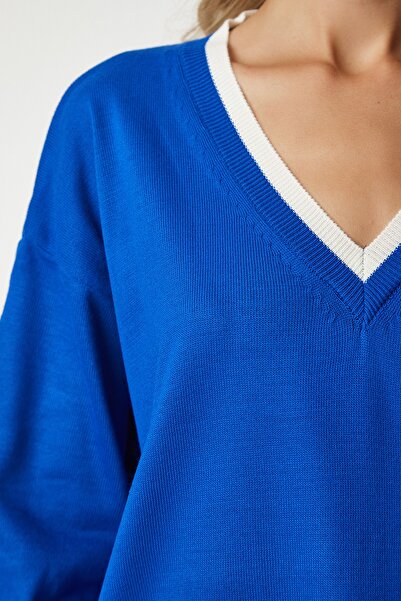 Happiness İstanbul Pulover de damă, albastru, cu decolteu în V, tricotat supradimensionat BV00081