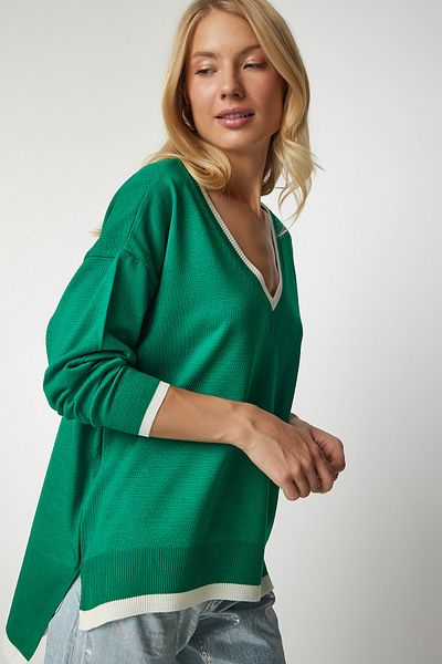 Happiness İstanbul Women's Green V-Neck Oversize Knitwear Sweater BV00081