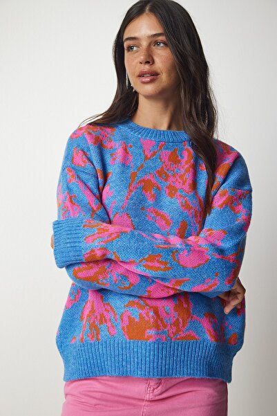 Happiness İstanbul Női világoskék mintás kötöttáru pulóver BV00097
