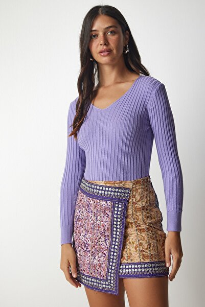 Happiness İstanbul Γυναικεία μπλούζα βασική με ραβδώσεις σε λιλά V-λαιμόκοψη BV00096