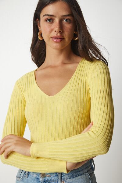 Happiness İstanbul Women's Yellow V-Neck Ribbed Basic Blouse BV00096