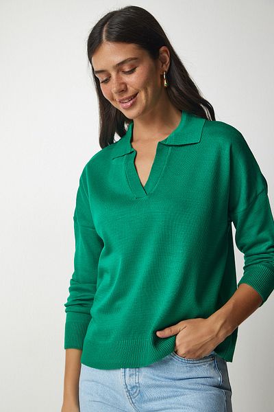 Happiness İstanbul Women's Dark Green Polo Collar Basic Sweater bv00094