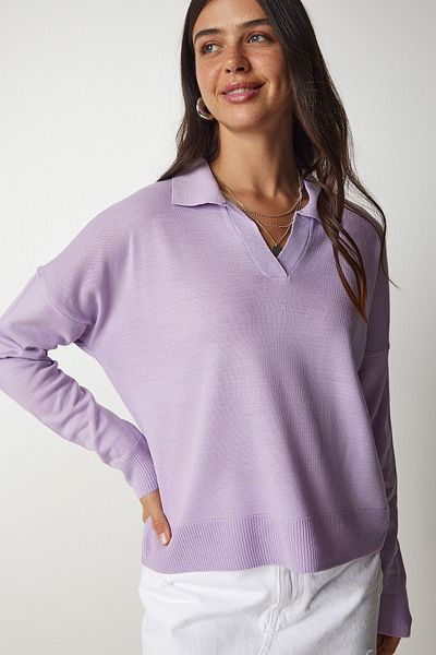 Happiness İstanbul Damski sweter basic z kołnierzykiem polo w kolorze liliowym bv00094