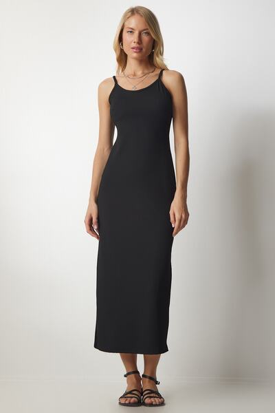 Happiness İstanbul Women's Black Strappy Corduroy Pencil Dress MC00213