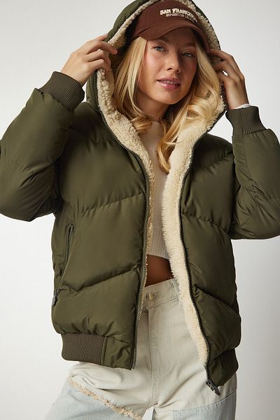 Happiness İstanbul Khakifarbene Pufferjacke mit Kapuze für Damen VP00006
