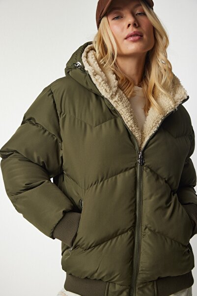 Happiness İstanbul Dámská khaki bunda Puffer s kapucí VP00006