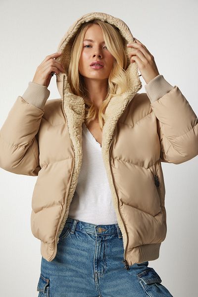 Happiness İstanbul Beige Pufferjacke mit Kapuze für Damen VP00006