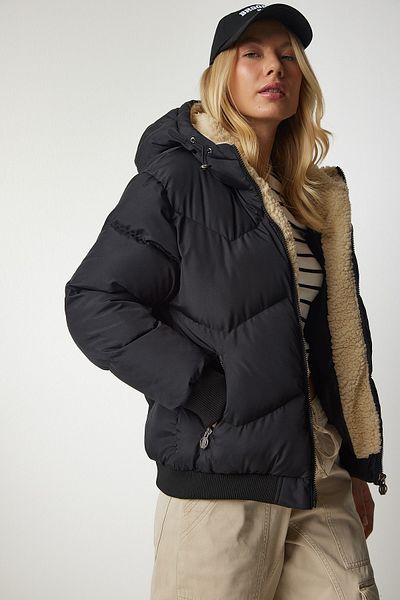 Happiness İstanbul Schwarze Pufferjacke mit Kapuze für Damen VP00006