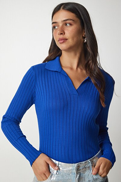 Happiness İstanbul Pulover de damă albastru închis cu guler polo cu nervuri BV00011